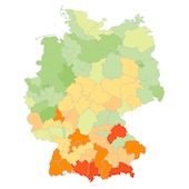 Kleine Deutschlandkarte mit farblich markierten Gebieten, in denen die Spritpreise besonders günstig oder teuer sind